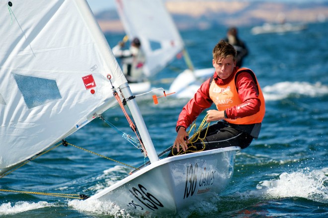 Conor Nicholas leading the Laser 4-7 fleet  © Dane Lojek